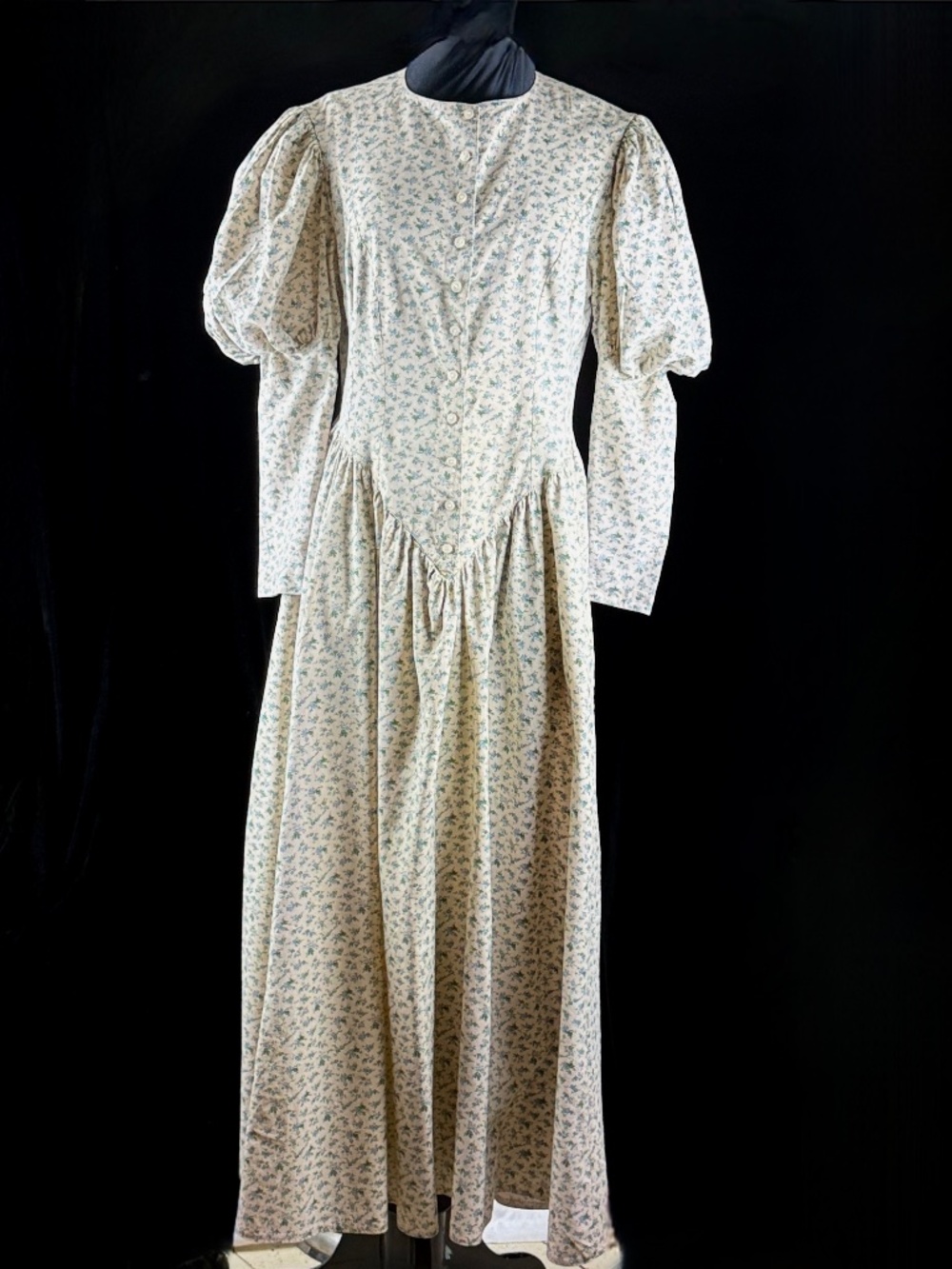 Vintage 1980s Prairie Maxi Dress M Rag A Mutton Sleeves Blue Floral V Waist